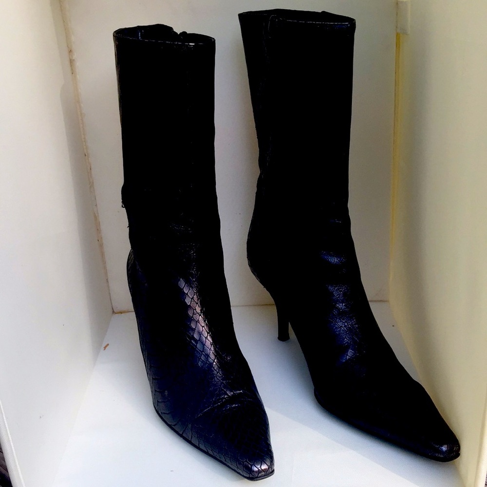 COPY - Cole Haan Black leather short calf boot.  Reptile